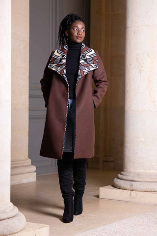 Manteau réversible en laine marron et en wax  BOGOLAN marron et noir