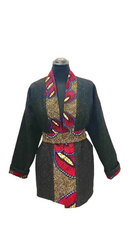 Veste Kimono réversible en wax Noir, Rouge et Marron