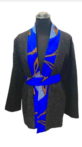 Veste Kimono réversible en wax Noir et Bleu