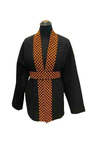 Veste Kimono réversible en wax Noir et Jaune
