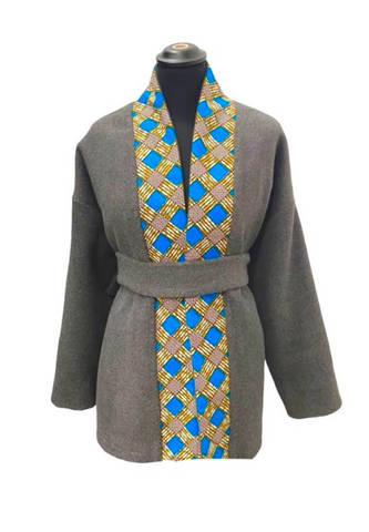 Veste Kimono réversible en wax Gris Bleu et Marron