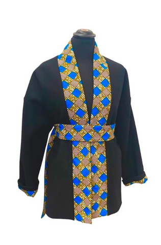 Veste Kimono réversible en wax Noir Bleu et Marron