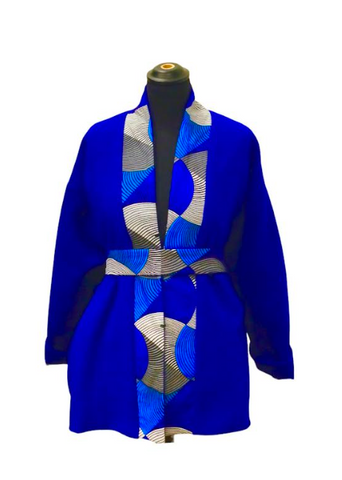 Veste Kimono réversible en wax Bleu Blanc et Noir