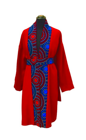 Veste kimono réversible en wax Rouge Bleu et Noir